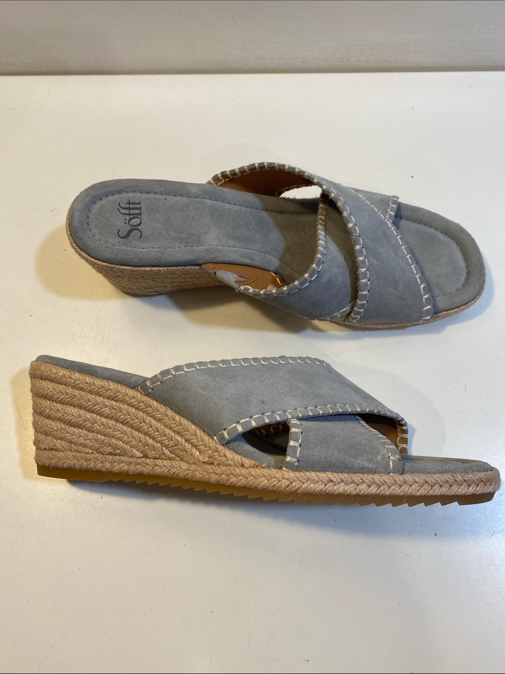 SOFT Gray Suede Leather Wedge Slide Sandals Sz 11M - Picture 6 of 13